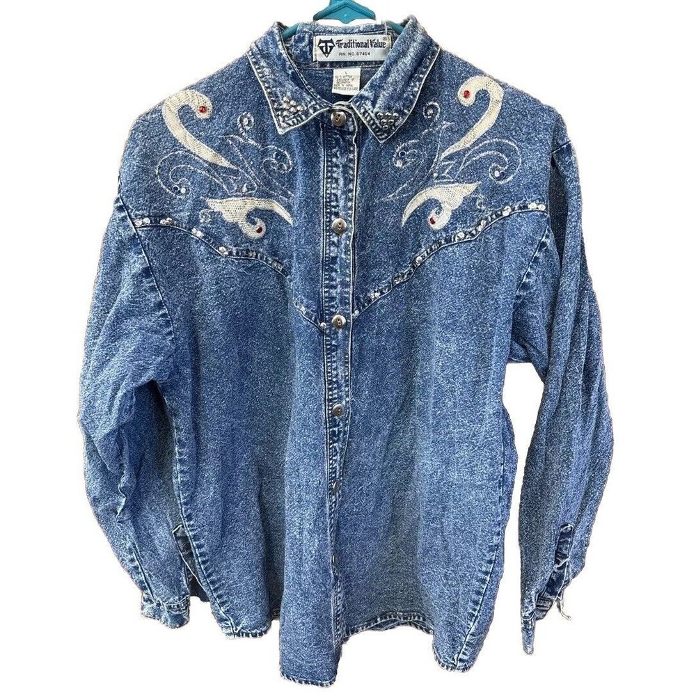 Traditional Value Vintage Denim Top Silver Sequin Rhinestone Women L Cotton Stud